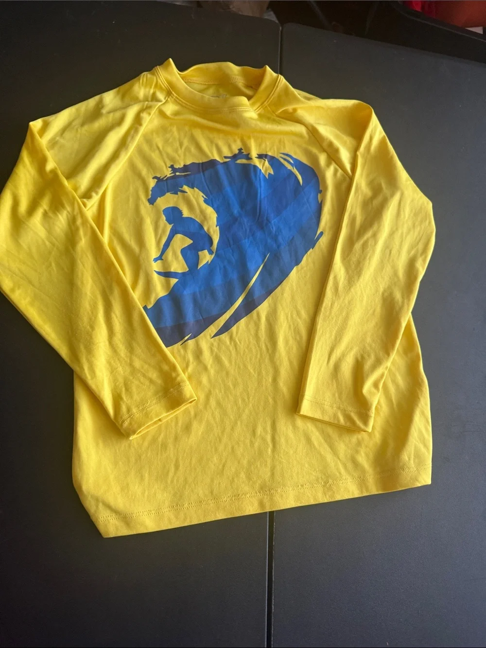 Yellow Rash Guard with Blue Surf Graphic & Sunrise Ombre Board Shorts